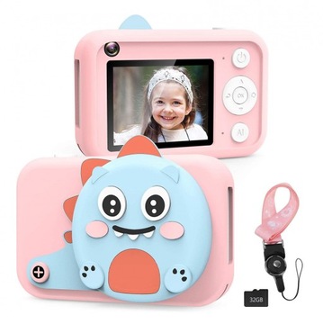 APARAT CYFROWY dla DZIECI Fotograficzny + KARTA 32GB RÓŻOWY DINOZAUR ZESTAW