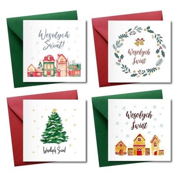 KARTKI ŚWIĄTECZNE kwadratowe domki kolorowe koperty 4szt święta
