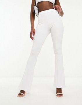 DESIGNEX Białe prążkowane spodnie z rozszerzanymi nogawkami M
