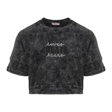 Crop top szary dekatyzowany z nadrukiem bawełna prążek dla dziewczynki 146