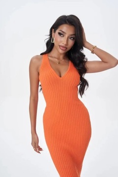 Women Sleeveless V-neck Rib Knitted Dress Stretcha