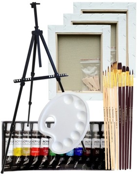 VINCI MALARSKI ZESTAW SZTALUGA PĘDZLE PŁÓTNA FARBY