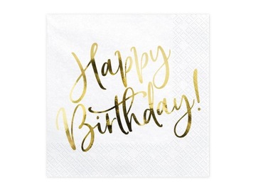Serwetki Happy Birthday, złoty napis, biały, 20 sz