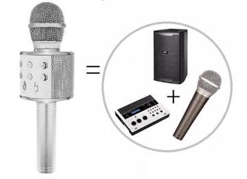 MIKROFON KARAOKE BEZPRZEWODOWY USB BLUETOOTH SREBRNY Z GŁOŚNIKIEM 3 W 1