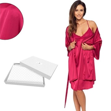 SZLAFROK DAMSKI SATYNOWY PENIUAR PODOMKA WIĄZANY W PUDEŁKU MALINOWY S