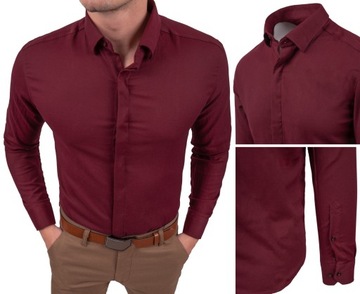 Elegancka koszula męska bordowa z zakrytą plisą - SLIM - 3XL
