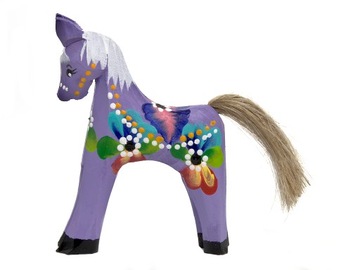 Koń konik drewniany ręcznie malowany figurka ozdoba folk 12 cm fioletowy