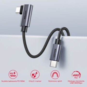 Черный кабель Unitek Кабель USB-C под углом 90 градусов PD 100 Вт 5 м