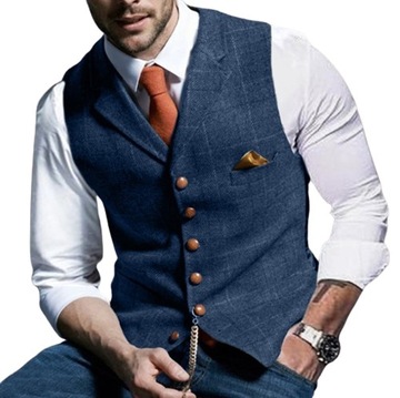 Brown Casual Gentleman Men's Army Green Vest Plaid