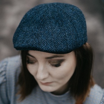 CZAPKA NA ZIMĘ JESIEŃ KASZKIET MĘSKI JODEŁKA NIEBIESKI HARRIS TWEED 60 CM