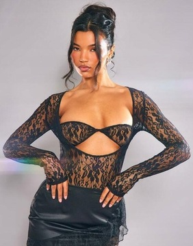 Prettylittlething NG4 xho koronkowe body długi rękaw dekolt L