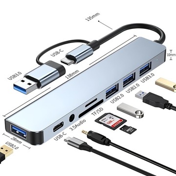 STACJA DOKUJĄCA HUB USB-C Z ADAPTEREM USB-A - CZYTNIK KART + 5 PORTÓW USB