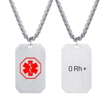 Серебряный медицинский кулон с указанием вашей группы крови, сталь