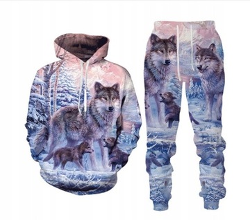 Bluza Komplet Męski Zimowy las wilk z kapturem ze