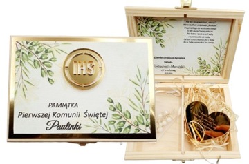 Pamiątka Komunii Świętej-PREZENT pudełko. Różaniec i serduszko komplet
