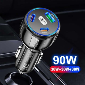 АВТОМОБИЛЬНОЕ ЗАРЯДНОЕ УСТРОЙСТВО 2x USB C PD 30 Вт USB QC 3.0 LED FAST ДЛЯ ТЕЛЕФОНА 90 Вт