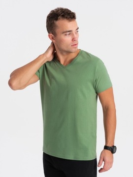 Męska bawełniana koszulka dekolt w serek BASIC zielona V10 OM-TSBS-0145 XL