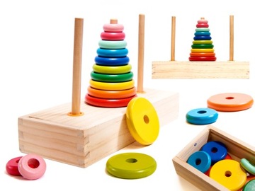 PIRAMIDA DREWNIANA Z PODSTAWĄ WIEŻA SORTER UKŁADANKA TĘCZOWA MONTESSORI