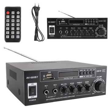 MOCNY AMPLITUNER WZMACNIACZ STEREO BLUETOOTH 5.0 PILOT FM AUDIO+PILOTEM