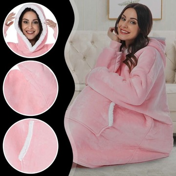 CIEPŁA BLUZA KOC OVERSIZE KOCBLUZA 2W1 GRUBA XXL RÓŻOWA FUTRZAK KOCOBLUZA