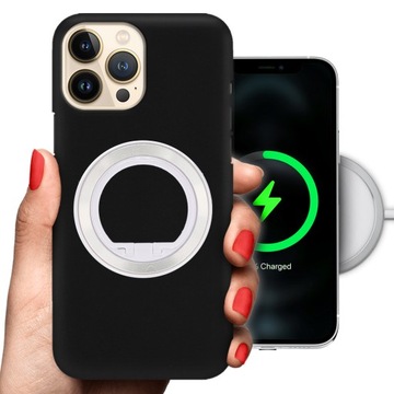 Etui Matowe Czarny MAGSAFE do IPHONE 13 PRO MAX Uchwyt Pierścień SREBRNY