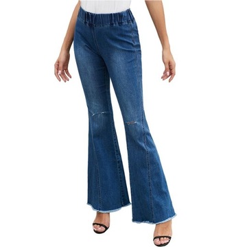 Damskie spodnie rozszerzane z dziurami na kolanach Denim Jeans