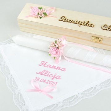 КРЕСТИТЕЛЬНЫЙ НАБОР ДЛЯ ДЕВОЧКИ - ВЫШИВКА, СВЕЧА, КОРОБКА, КАПЕЛЬНИК