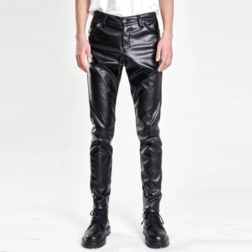 Moto Skinny Elastic Faux Leather Pants Men Black G