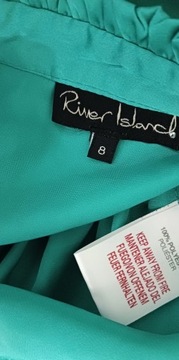 River Island turkusowa bluzka z ąbotem dekolt guziki falbankowa stójka S