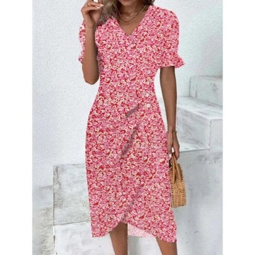 Elegant Floral Pleated H shaped Midi Dress Female