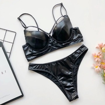 New Solid Push Up Sexy Bikini PU Faux Leather Swim