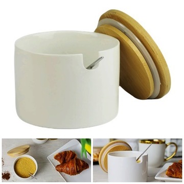 CUKIERNICA PORCELANOWA Z POKRYWKĄ I ŁYŻECZKĄ BIAŁA pojemnik na cukier