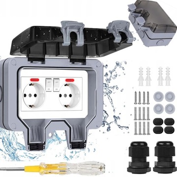 PODWÓJNE GNIAZDKO IP66 OGRODOWE ZEWNĘTRZNE WODOSZCZELNE GNIAZDO 230V