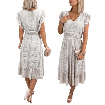 KORONKOWA SUKIENKA BOHO elegancka zwiewna wygodna HERMIONE BEŻOWA