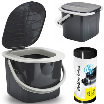 TOALETA TURYSTYCZNA PRZENOŚNA 15,5L WIADRO WC KIBEL Z DESKĄ UCHWYT + WORKI