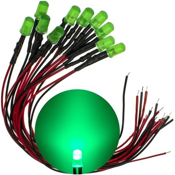 DIODY LED 12V MAT 5mm ZIELONE przewód 20cm 10szt