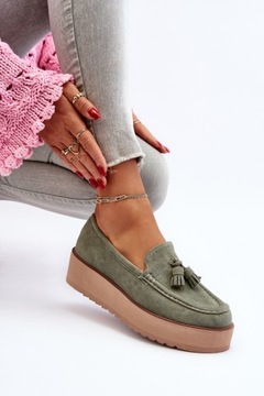ЖЕНСКИЕ МОКАСИНЫ НА ПЛАТФОРМЕ С БАХОЙ, ЗЕЛЕНЫЕ 36