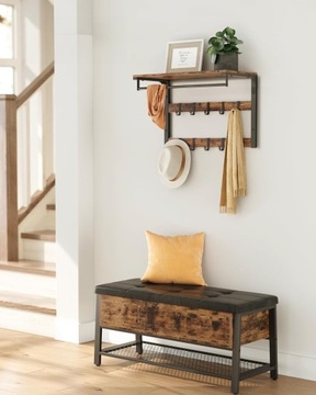 НАСТЕННАЯ ВЕШАЛКА С ПОЛКОЙ, 10 СМЕННЫХ КРЮЧКОВ, ВИНТАЖНАЯ РЕЙКА