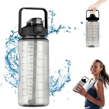 BUTELKA NA WODĘ ZE SŁOMKĄ, DO SIŁOWNI FITNESS I NA OUTDOOR, PRZENOŚNA 2L CZARNA