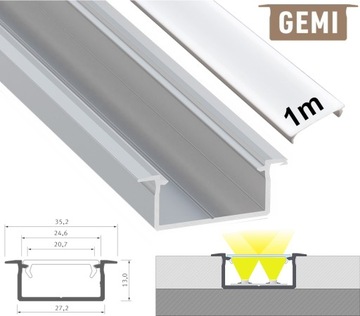 PROFIL LED NA 2 TAŚMY LED ALUMINIOWY WPUSZCZANY GEMI SREBRNY 1M Z KLOSZEM