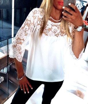 . БЕЛАЯ ЭЛЕГАНТНАЯ БЛУЗКА С КРУЖЕВОМ, СВОБОДНАЯ РУБАШКА
