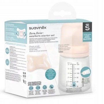 Suavinex ZESTAW STARTOWY ZERO Butelka 180ml + Smoczek -2-2m
