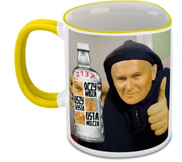 Kubek Biały Zółty Rant Ucho PAPIEŻ 2137 IMPREZA