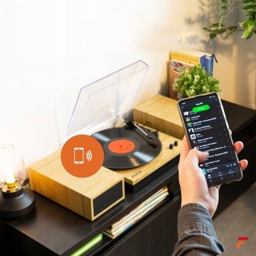 Gramofon z głośnikami FENTON 100W BT jasny+ winyl+ zapasowa igła GRATIS