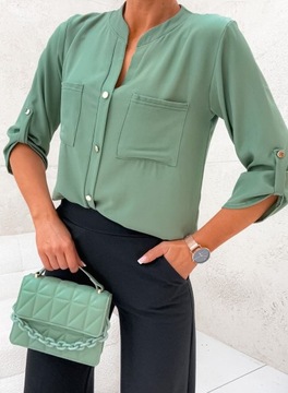 DAMSKA ELEGANCKA BLUZKA KOSZULA LUŹNA OZDOBNE GUZIKI PL PRODUCENT KHAKI L