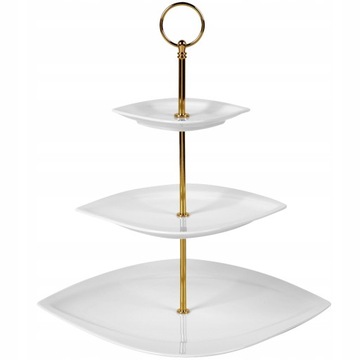 PATERA 3-POZIOMOWA ZŁOTA BIAŁA PORCELANOWA NA CIASTO OWOCE