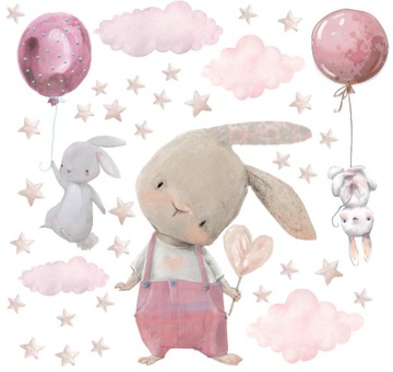 NAKLEJKI NA ŚCIANĘ RÓŻOWE KRÓLICZKI BALONY