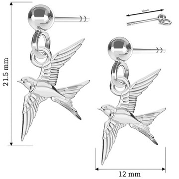 Kolczyki Srebrne 925 na Sztyfcie z Jaskółką Ptaki Jaskółki Ptaszki + NADRUK