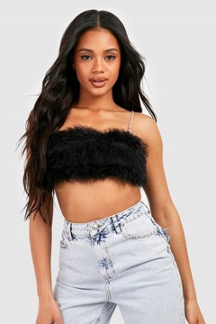 Boohoo mjm ZDOBIENIE CROP POŁYSK PIÓRA RAMIĄCZKA CZARNY TOP S NG2