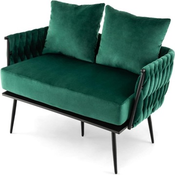 Sofa 2-osobowa, z 2 poduszkami pod plecami i podłokietnikami, (zielona)